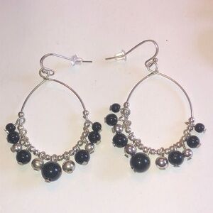 Silver Tone & Black Dangling Beads Boho Pierced Earrings
